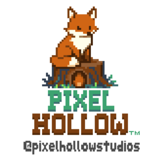 Pixel Hollow Logo Pixel Hollow Studios logo: a sitting orange fox on a tree stump, with glowing blue mushrooms at the base. The words “Pixel Hollow” are written in pixelated font beneath the fox.