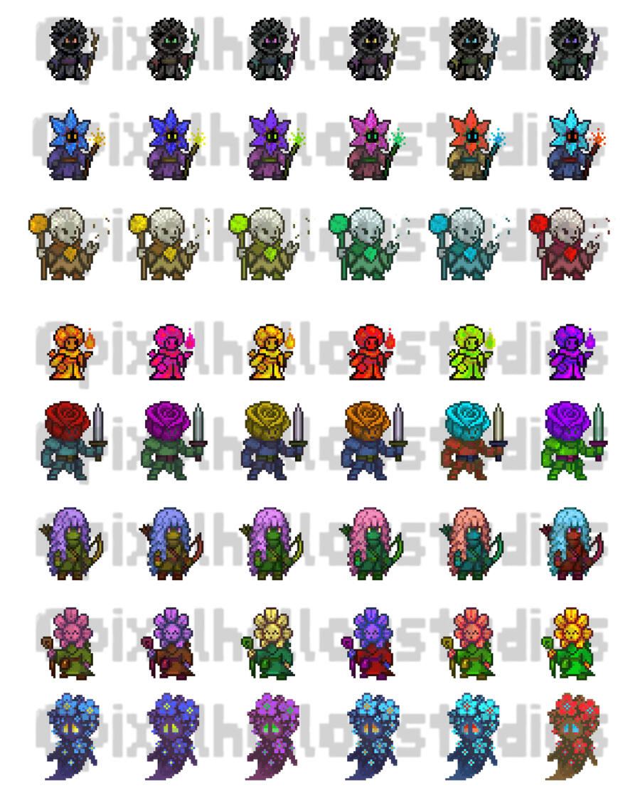 Blossom Folk Starter Pack – Sheet 1 Pixel Hollow Studios Blossom Folk Starter Pack, Part 1. Eight whimsical flower characters with six color variants each. Includes: Black Dahlia Warlock, Borage Spellcaster, Dandelion Druid, Marigold Bard-Mage, Rose Knight, Wisteria Ranger, Echinacea Healer,