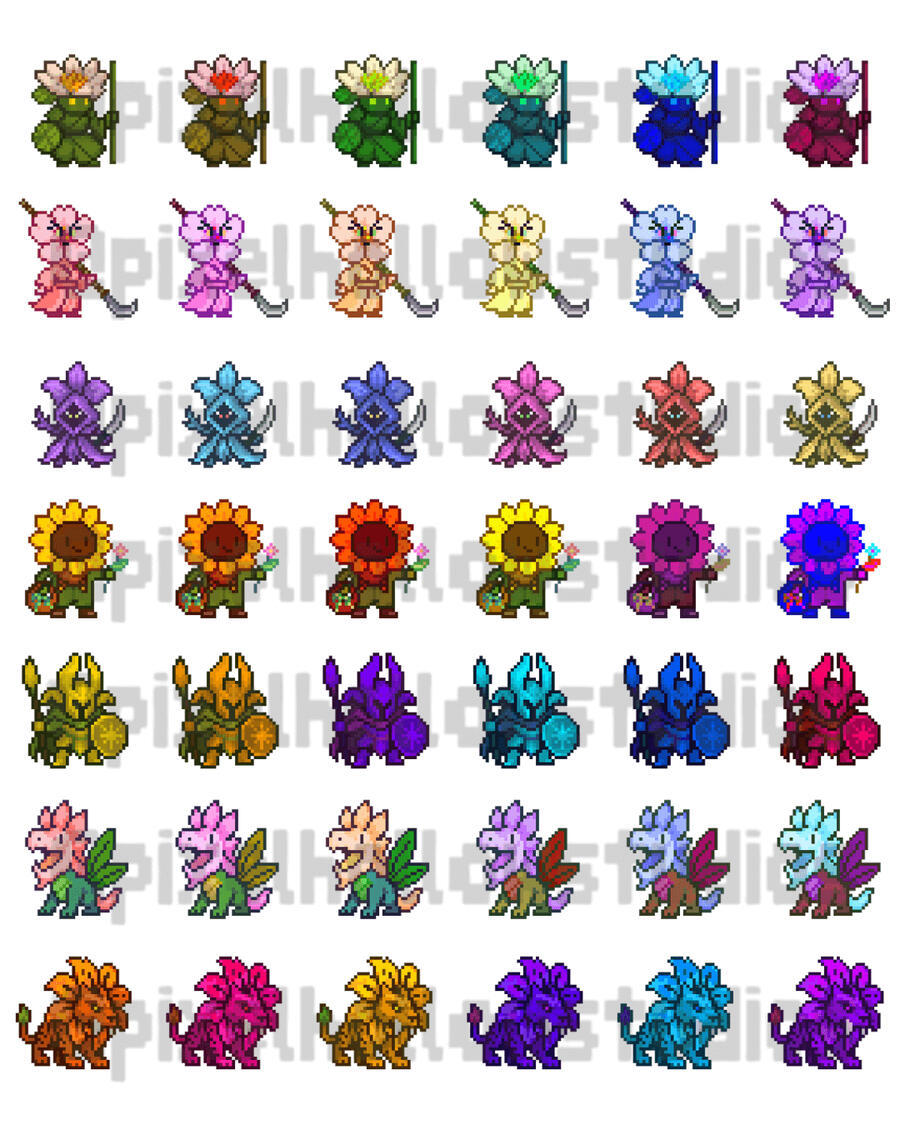 Blossom Folk Starter Pack – Sheet 2 Pixel Hollow Studios Blossom Folk Starter Pack, Part 2. Seven whimsical flower characters with six color variants each. Includes: Lilypad Monk, Cherry Blossom Samurai, Orchid Rogue, Sunflower Herbalist, Iris Paladin, Snapdragon Drake, and Sabertooth Tiger