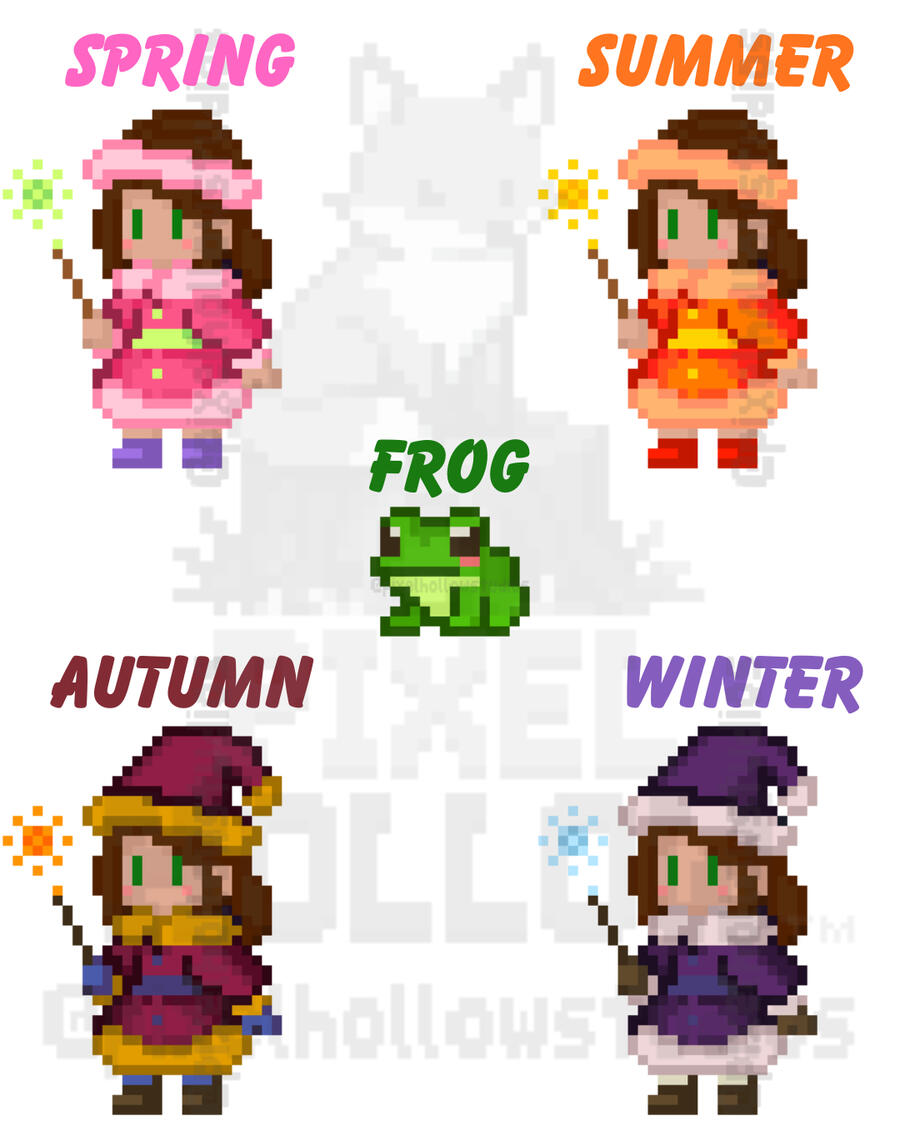 Forest Friends Starter Pack – Heroes Pixel art heroes from the Forest Friends Starter Pack: Lark the red-hooded adventurer, Miri the witch, Bramble the tree golem, Solan the dragon knight, and Fenrick the wolfkin warrior — each shown with 6 color variants.
