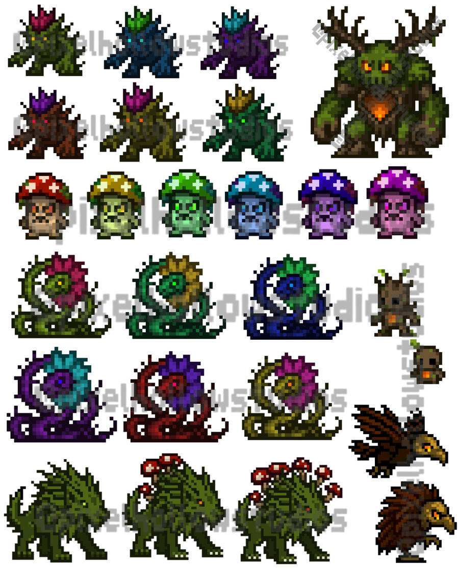 Forest Friends Starter Pack – Heroes Pixel art heroes from the Forest Friends Starter Pack: Lark the red-hooded adventurer, Miri the witch, Bramble the tree golem, Solan the dragon knight, and Fenrick the wolfkin warrior — each shown with 6 color variants.